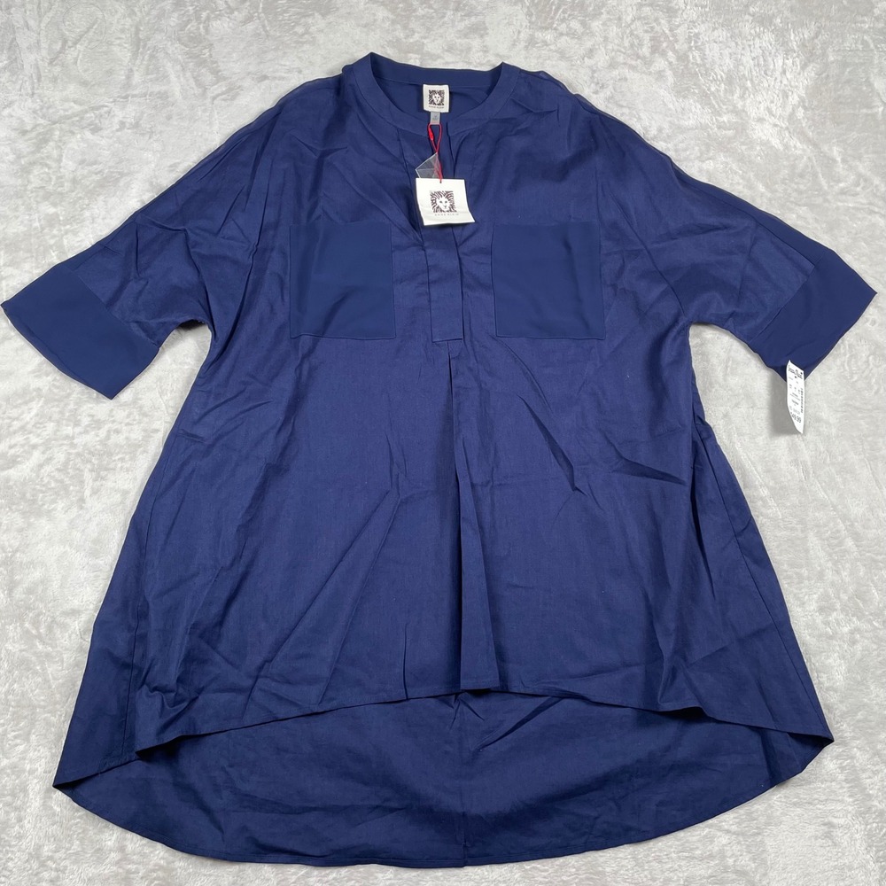 ANNE KLEIN Navy Blue Pocket Tunic Shirt Top Womens Size M New With‎ Tags